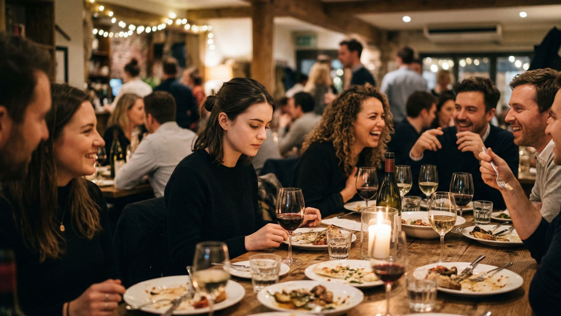Young woman feeling lonely at a crowded dinner table
