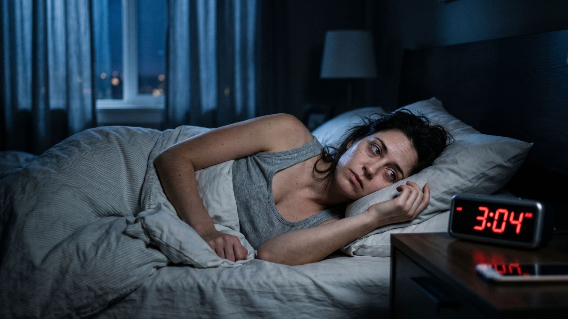 Person lying awake at 3am unable to sleep with racing thoughts, clock glowing in the dark