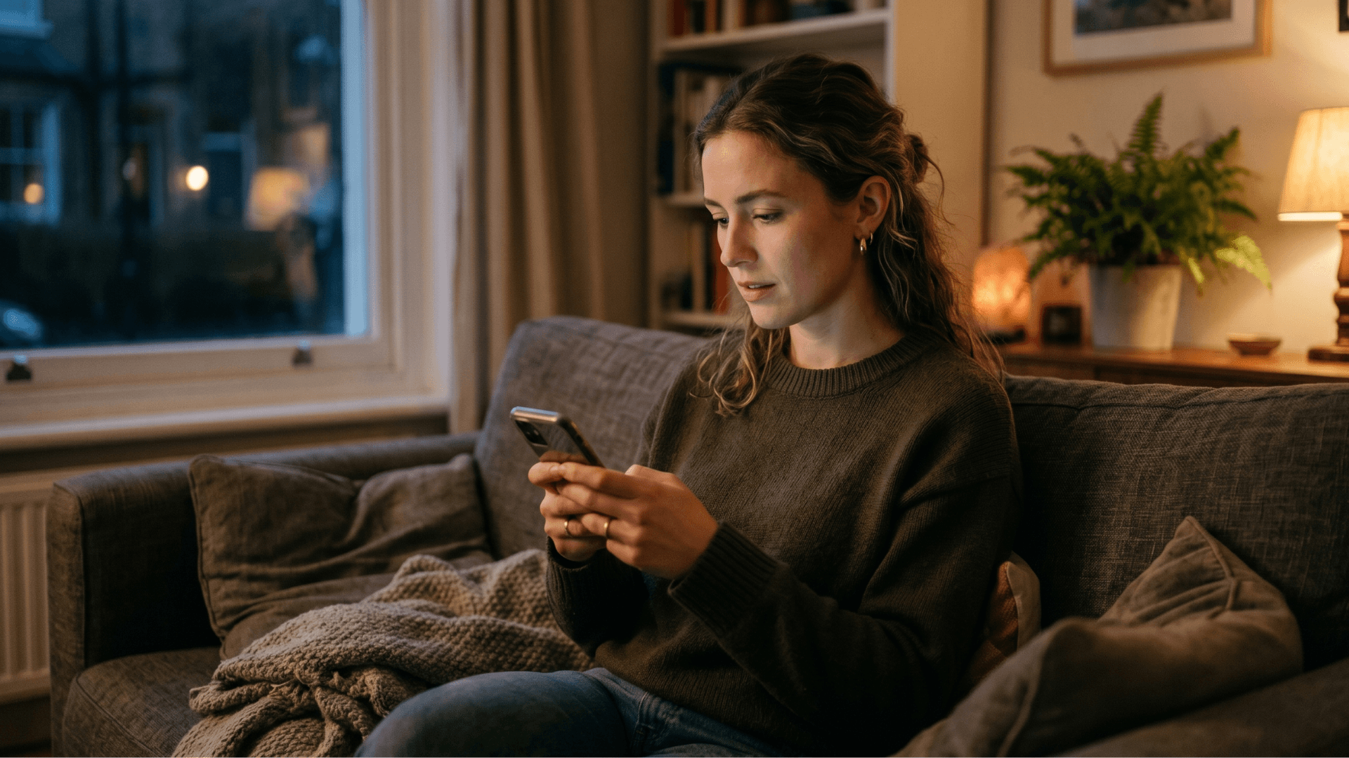 Person hesitating to text a friend about their feelings, sitting alone holding phone