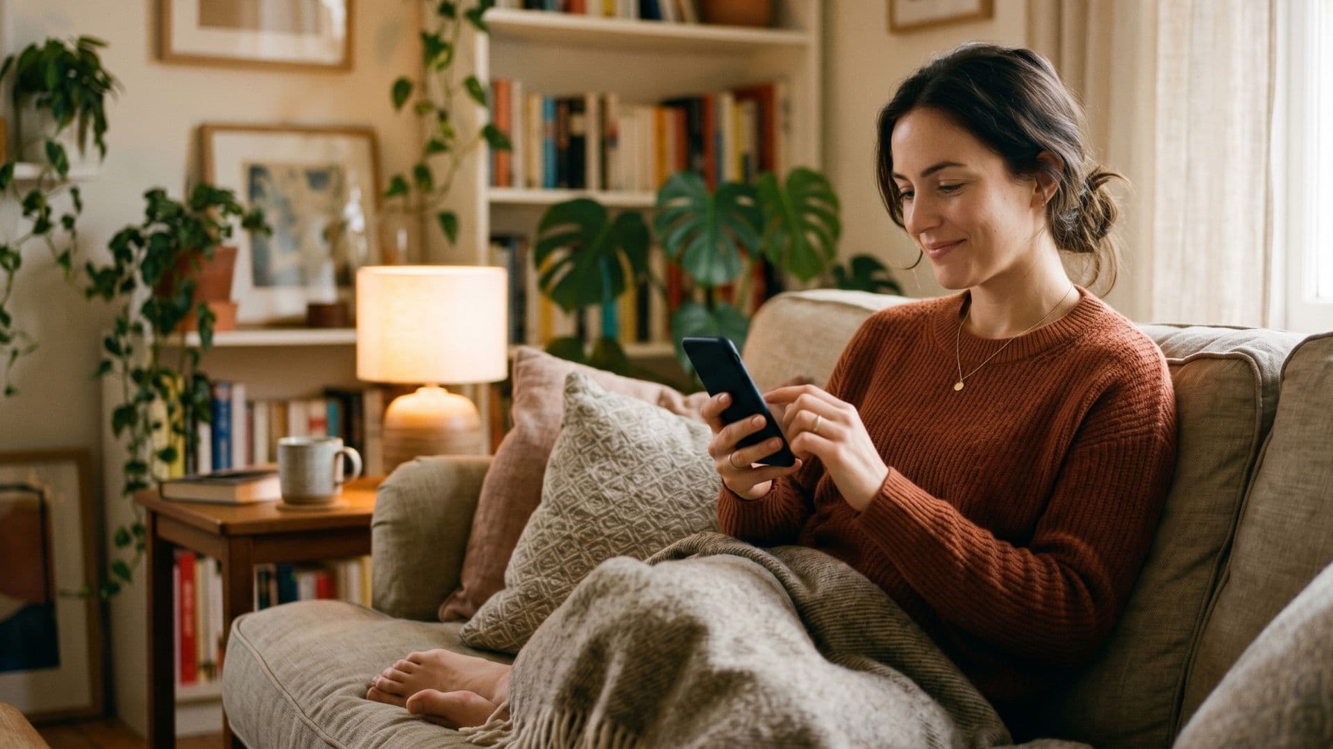 Woman using an AI app on their phone at home, exploring emotional support through artificial intelligence