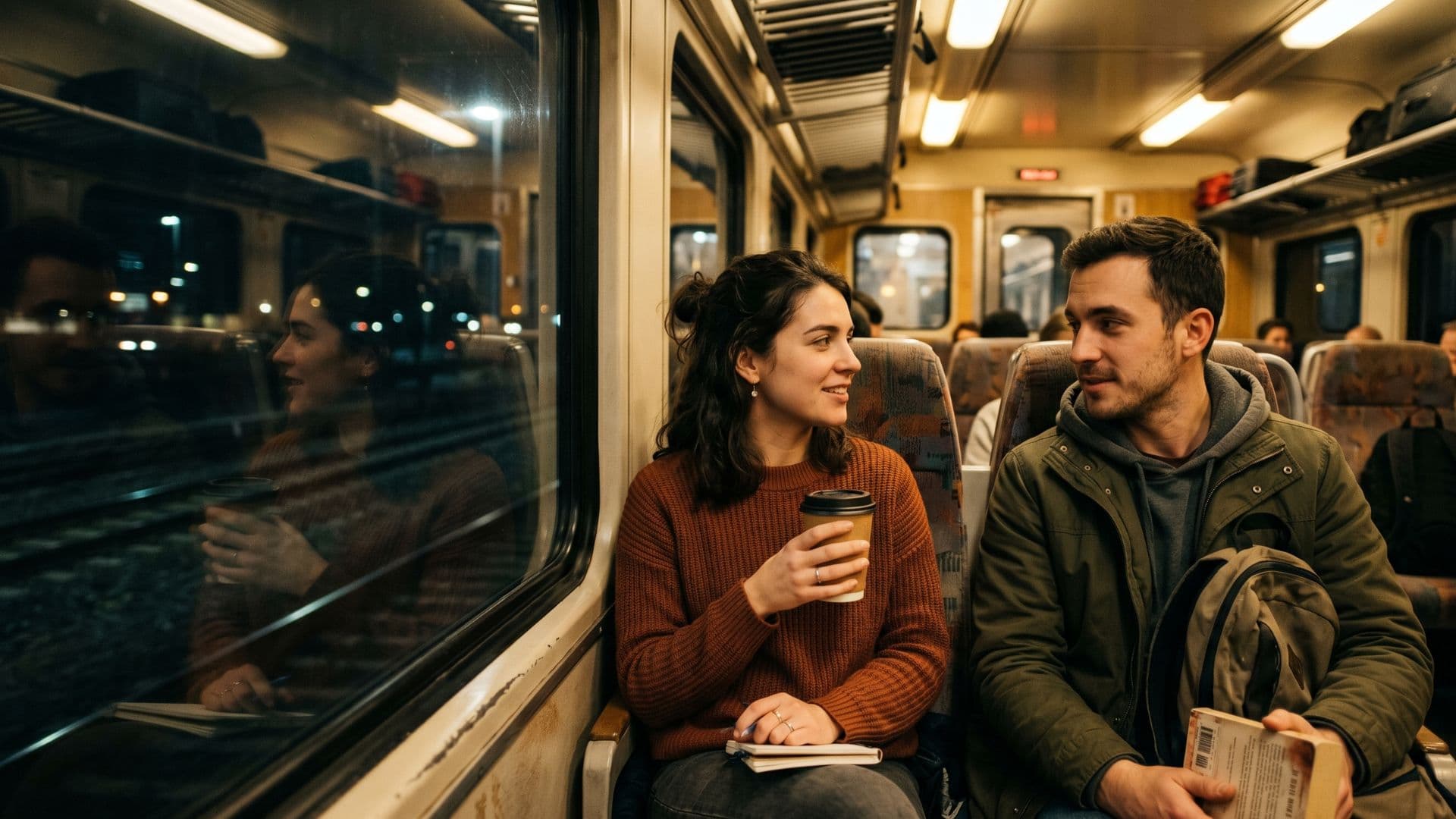 Two strangers having an honest conversation on a night train